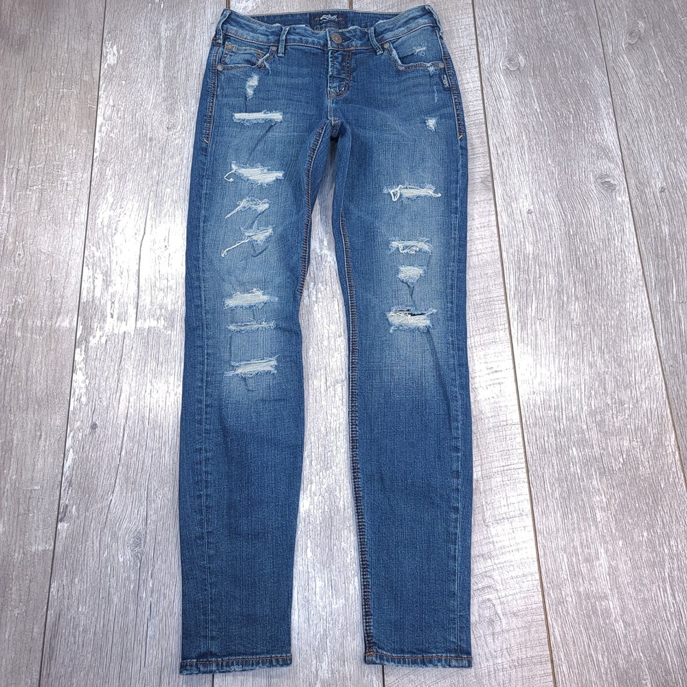 Silver Jeans Avery Skinny Jeans Womens 27x31 Blue Distressed Denim Mid Rise